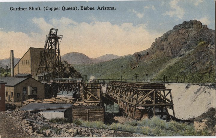 Gardner Shaft Postcard.jpg - GARDNER SHAFT, COPPER QUEEN POSTCARD, BISBEE, AZ - Early postcard showing the Gardner Shaft  (Note the similarities of this picture and that of the embossed picture in the spoon's bowl.) 